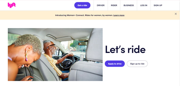 Screenshot of Lyft's homepage.